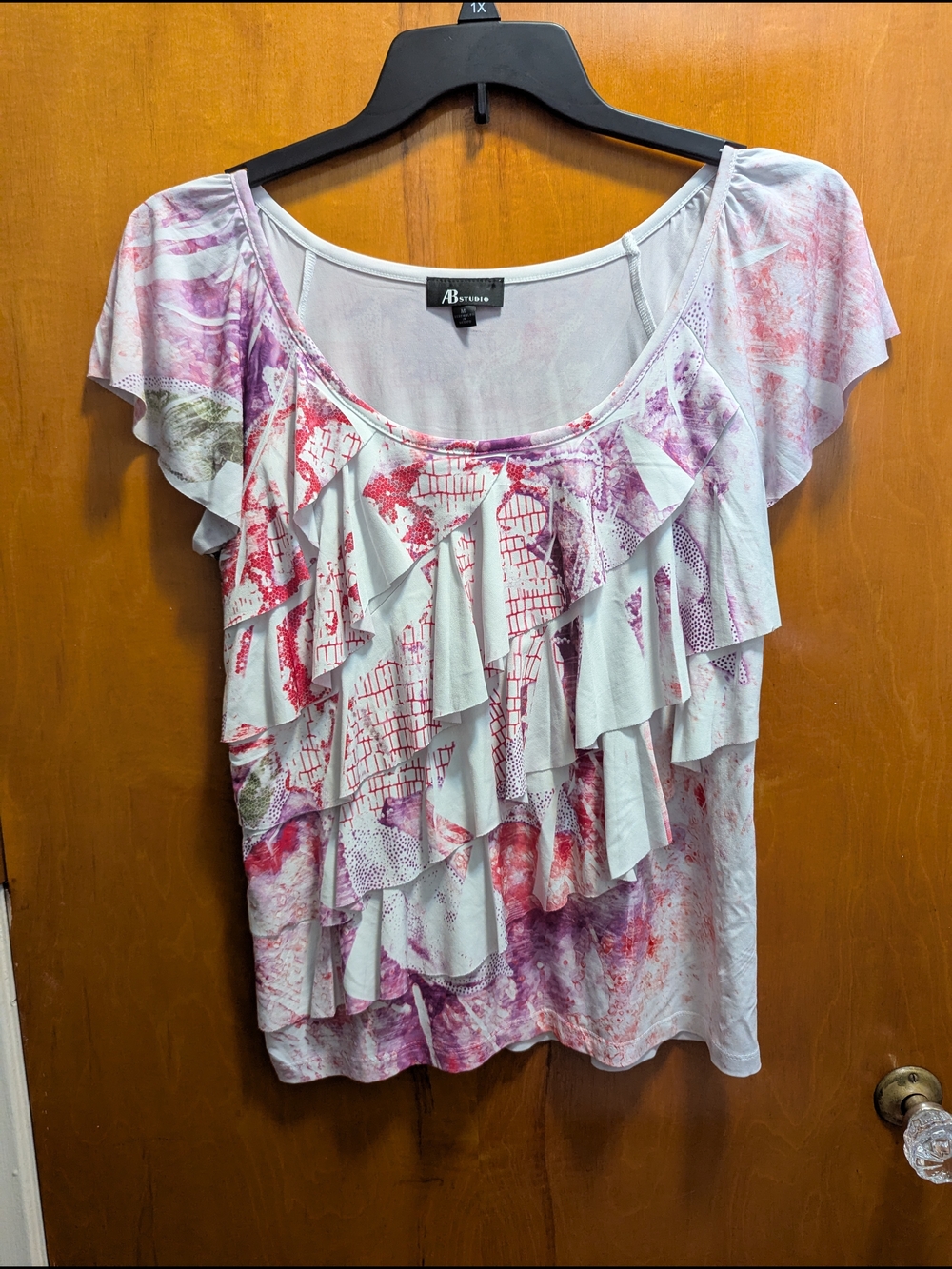 AB Studio White Top with Pink & Purple Abstract Ruffle Front